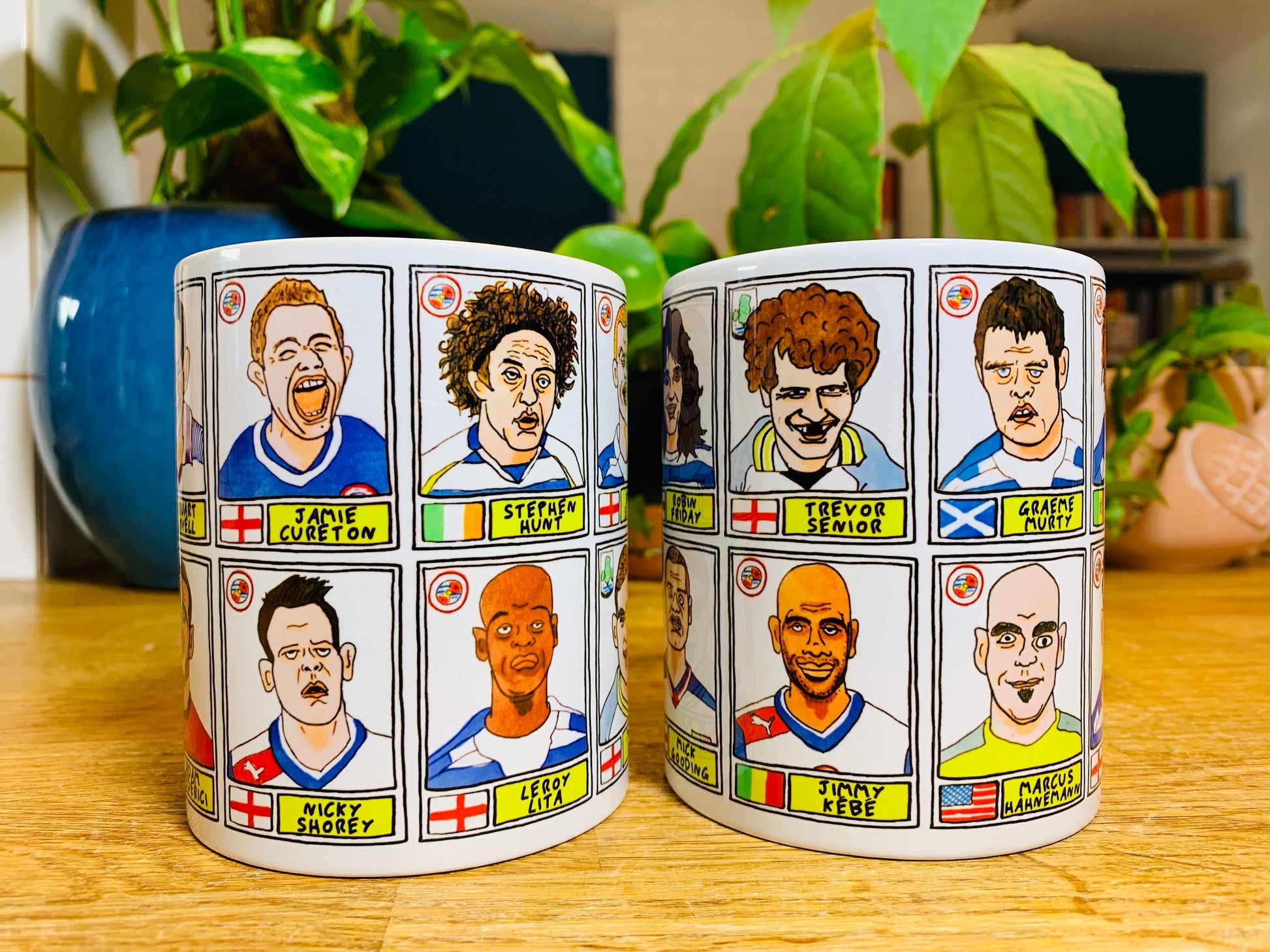 Reading No Score Draws Mug Set - Set of TWO 11oz Ceramic Mugs with Wonky Panini sticker-style No Score Draws Doodles of Royals icons