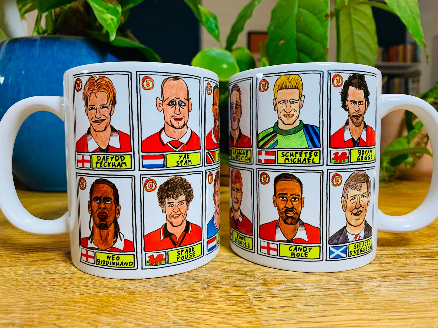 Definitely NOT Man Utd No Score Draws Mug Set - Set of two 11oz Ceramic Mugs with Wonky Panini sticker-style NOT MUFC No Score Draws Doodles