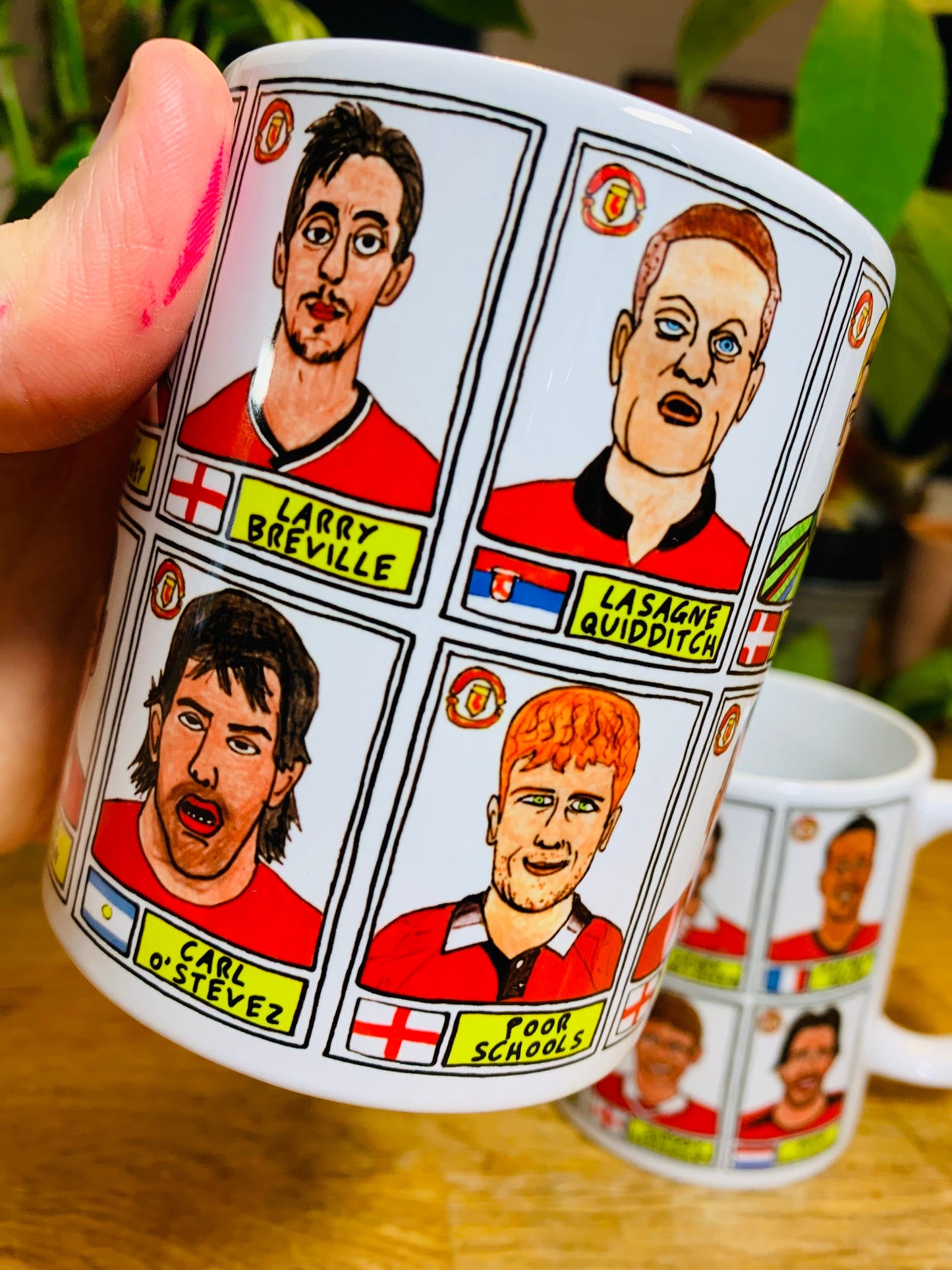 Definitely NOT Man Utd No Score Draws Mug Set - Set of two 11oz Ceramic Mugs with Wonky Panini sticker-style NOT MUFC No Score Draws Doodles