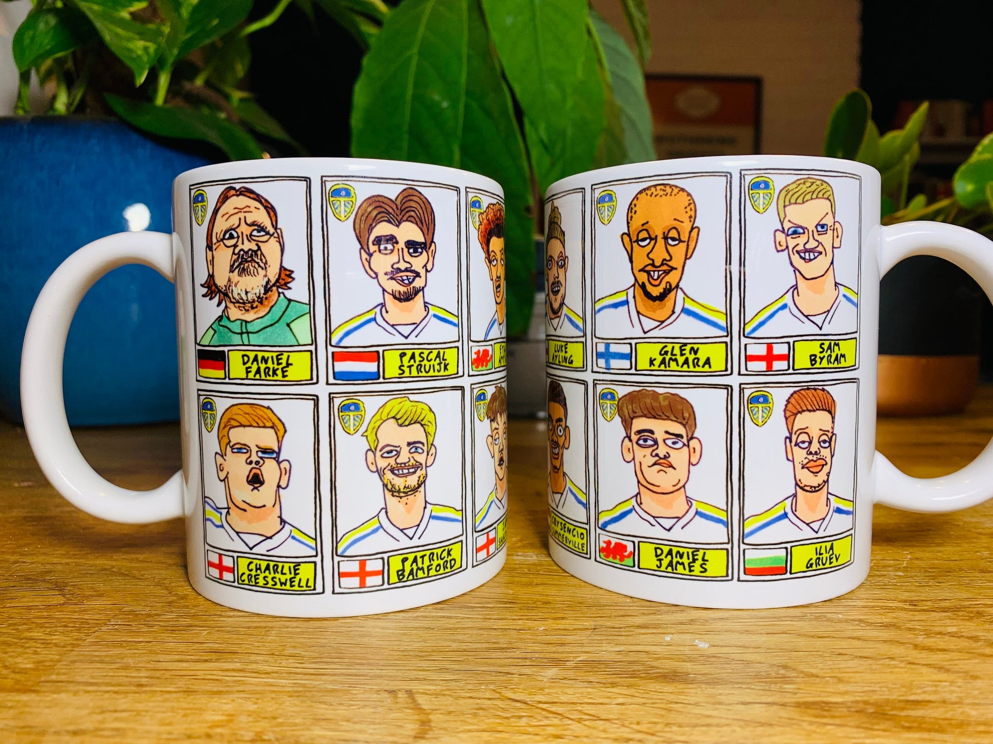 Leeds United Vol 3 No Score Draws Mug Set - Set of TWO 11oz Ceramic Mugs with Wonky Panini sticker-style LUFC 23/24 Farkeball Doodles