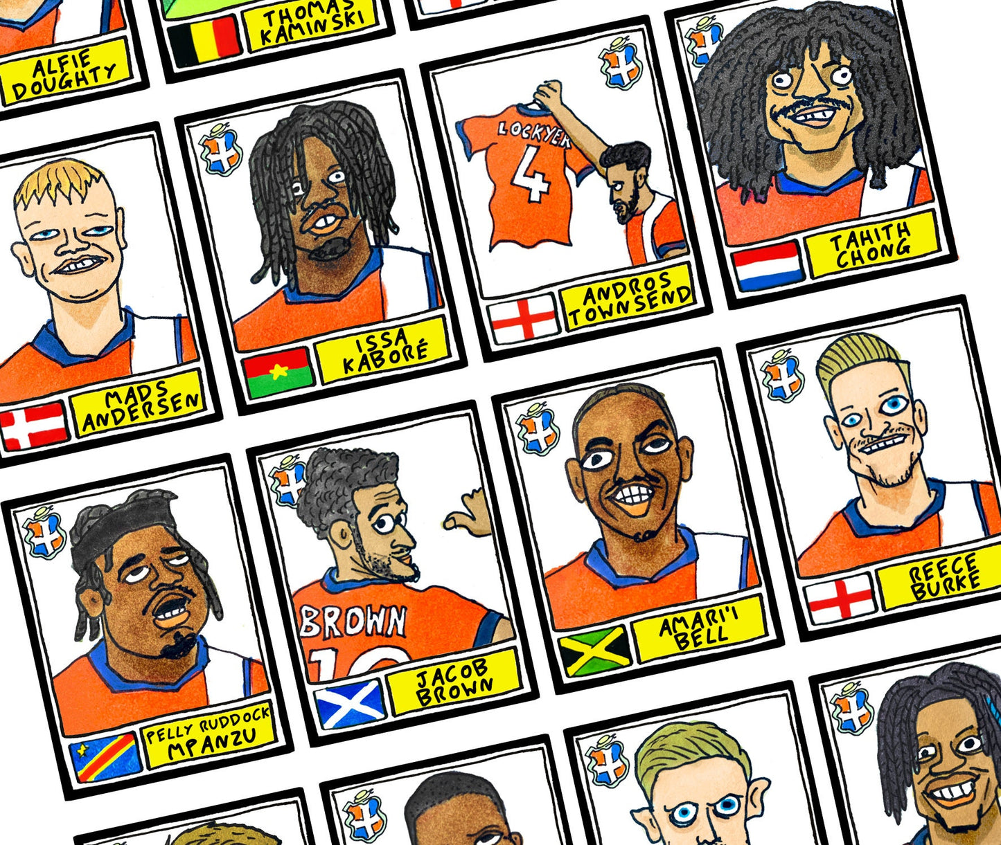 Luton Town Vol 3 - No Score Draws Hatter 23/24 Edition - A3 print of 24 hand-drawn Panini Doodles of LTFCs 23/24 Premier League Heroes