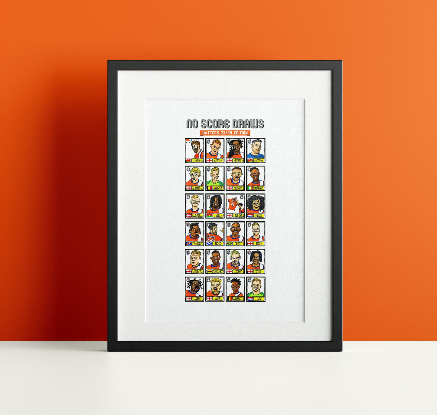 Luton Town Vol 3 - No Score Draws Hatter 23/24 Edition - A3 print of 24 hand-drawn Panini Doodles of LTFCs 23/24 Premier League Heroes