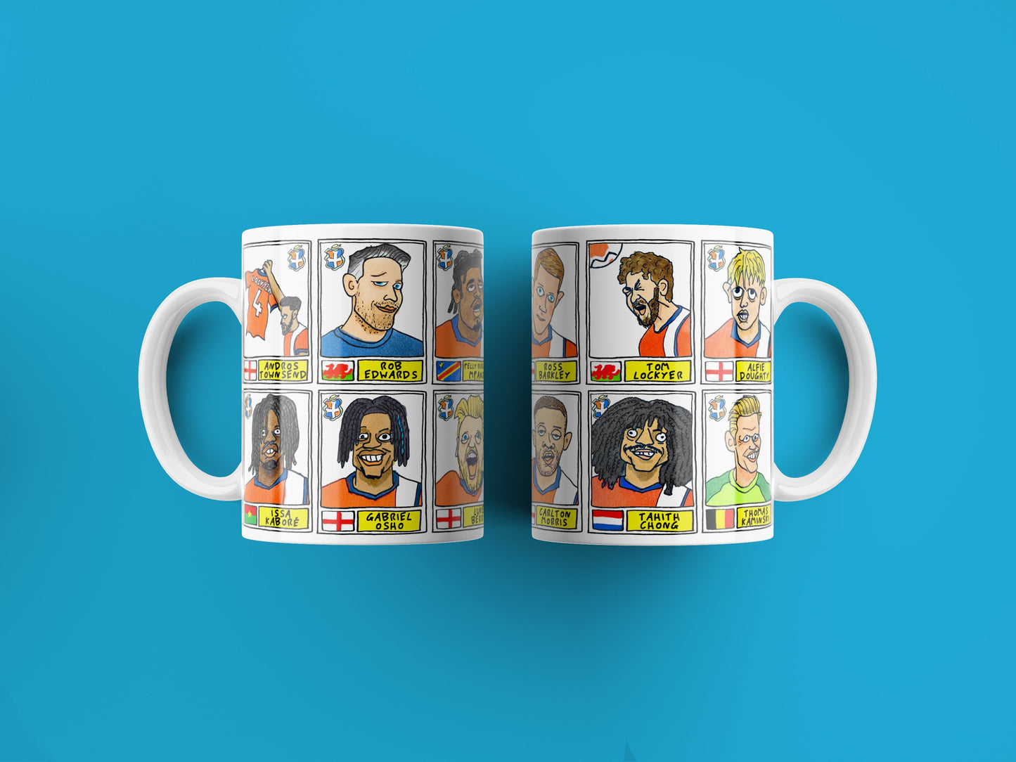 Luton Town Vol 3 No Score Draws Mug Set - Set of TWO 11oz Ceramic Mugs with Wonky Paninified Hatters Doodles of LTFC's 23/24 EPL Heroes