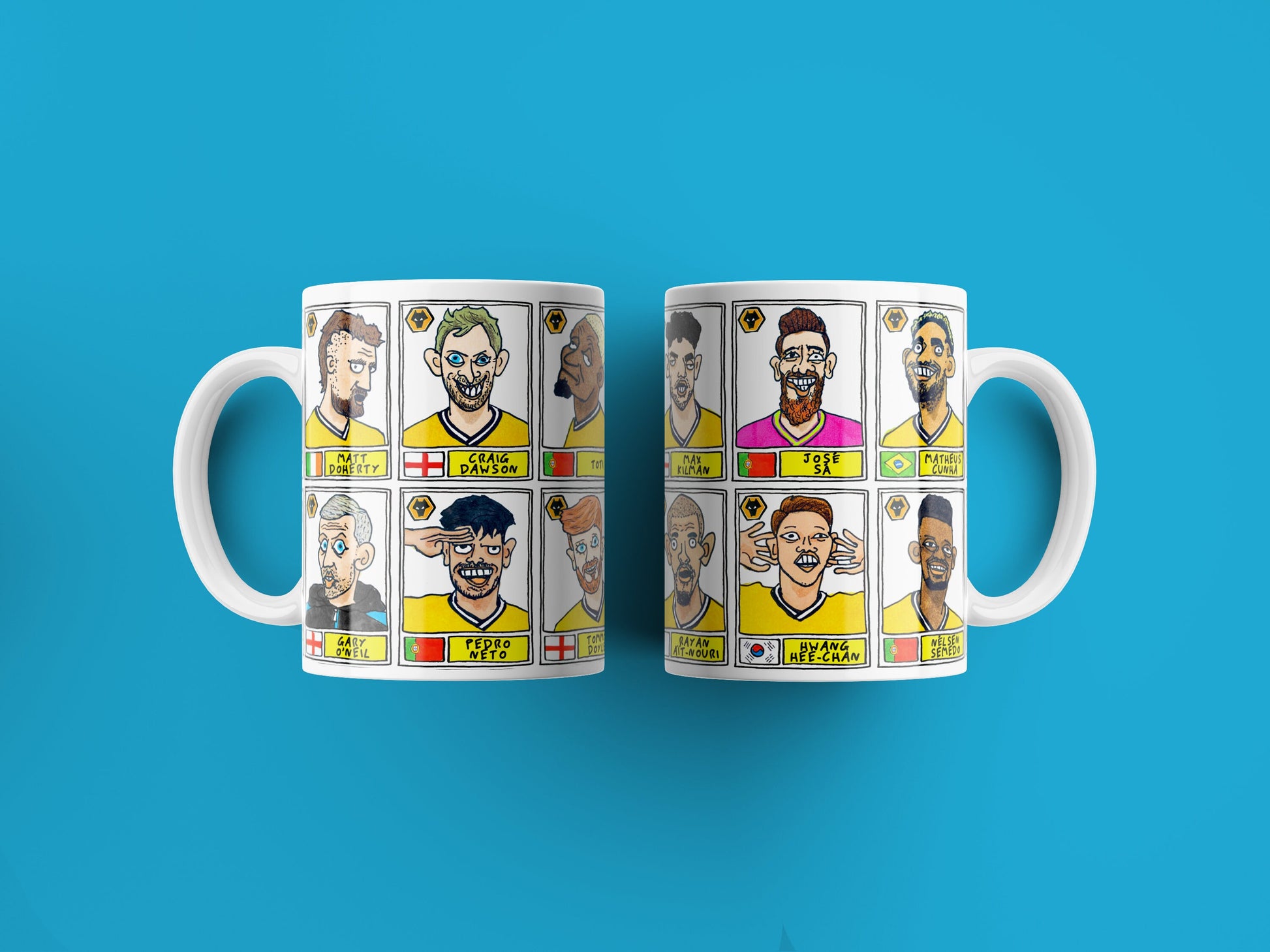 Wolves Vol 2 No Score Draws Mug Set - Set of TWO 11oz Mugs with 24 Wonky Panini-style No Score Draws Doodles of Wolves' 23-24 Squad