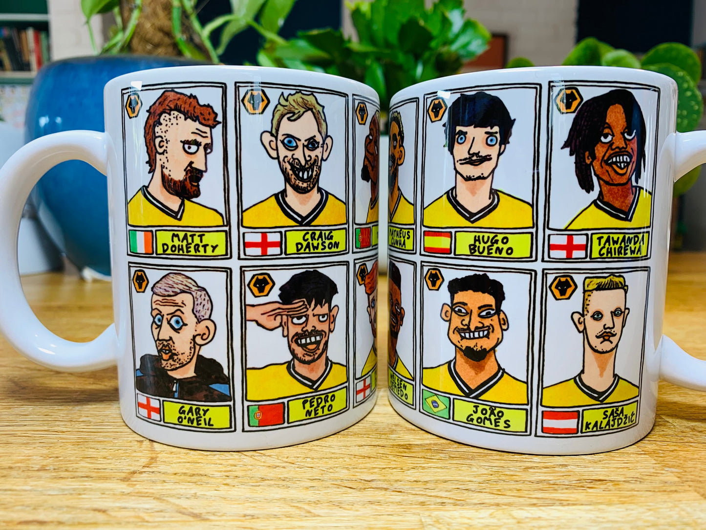 Wolves Vol 2 No Score Draws Mug Set - Set of TWO 11oz Mugs with 24 Wonky Panini-style No Score Draws Doodles of Wolves' 23-24 Squad