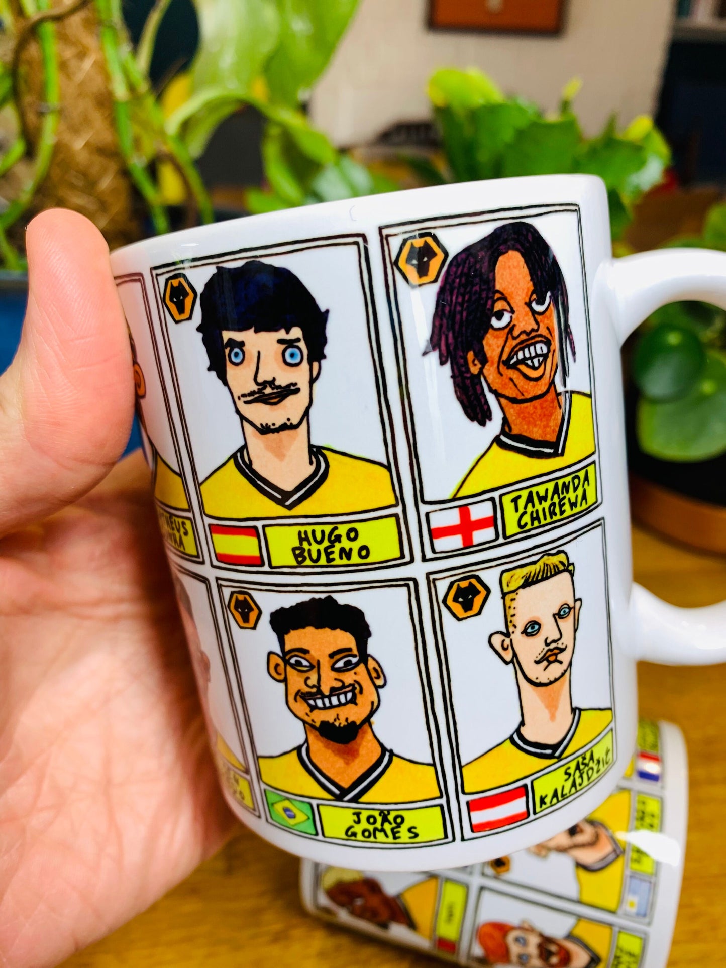 Wolves Vol 2 No Score Draws Mug Set - Set of TWO 11oz Mugs with 24 Wonky Panini-style No Score Draws Doodles of Wolves' 23-24 Squad