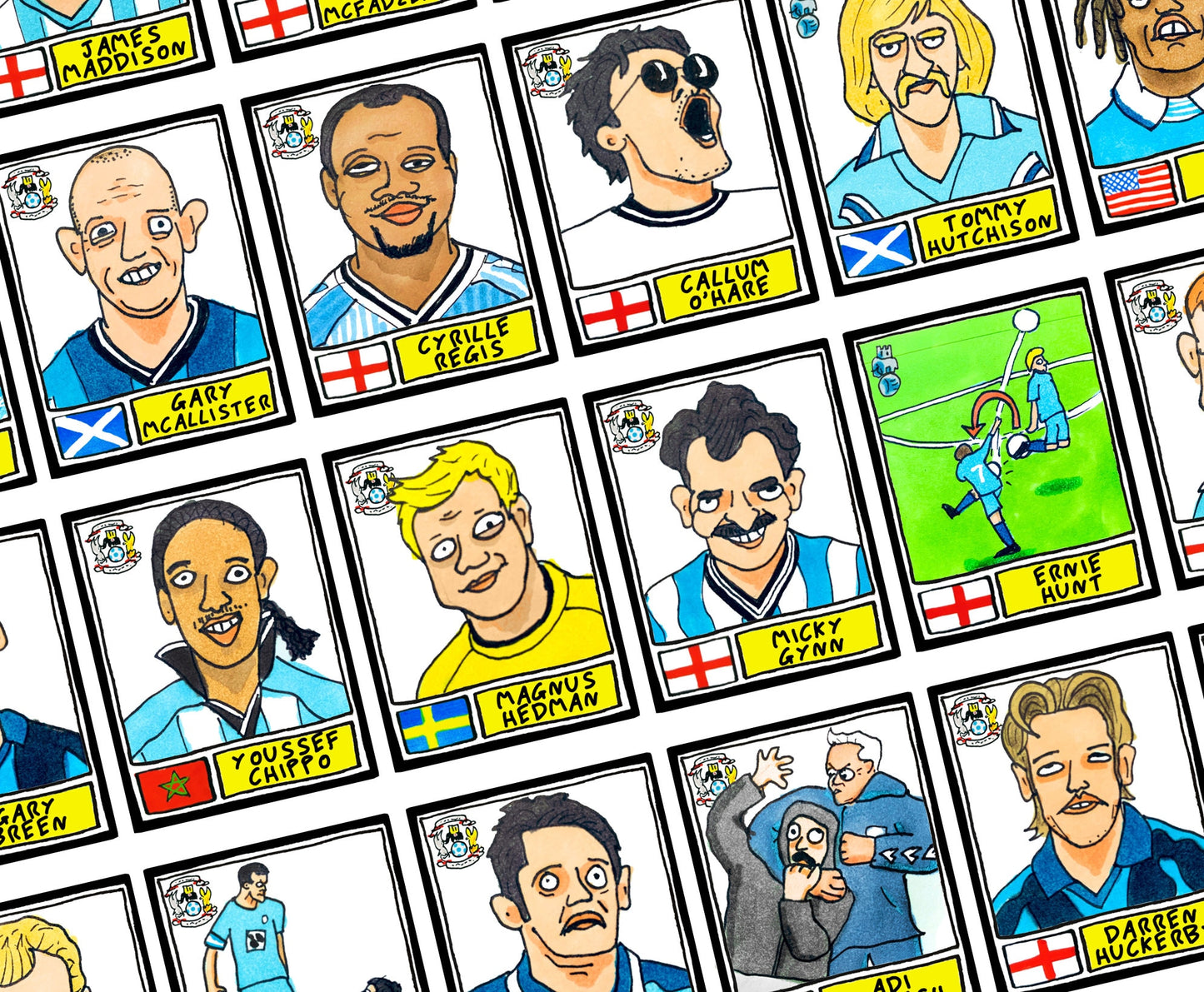 Coventry City Volume 1 - No Score Draws Sky Blues Edition - A3 print of 36 hand-drawn Panini-style CCFC legends - Cheapskate football art