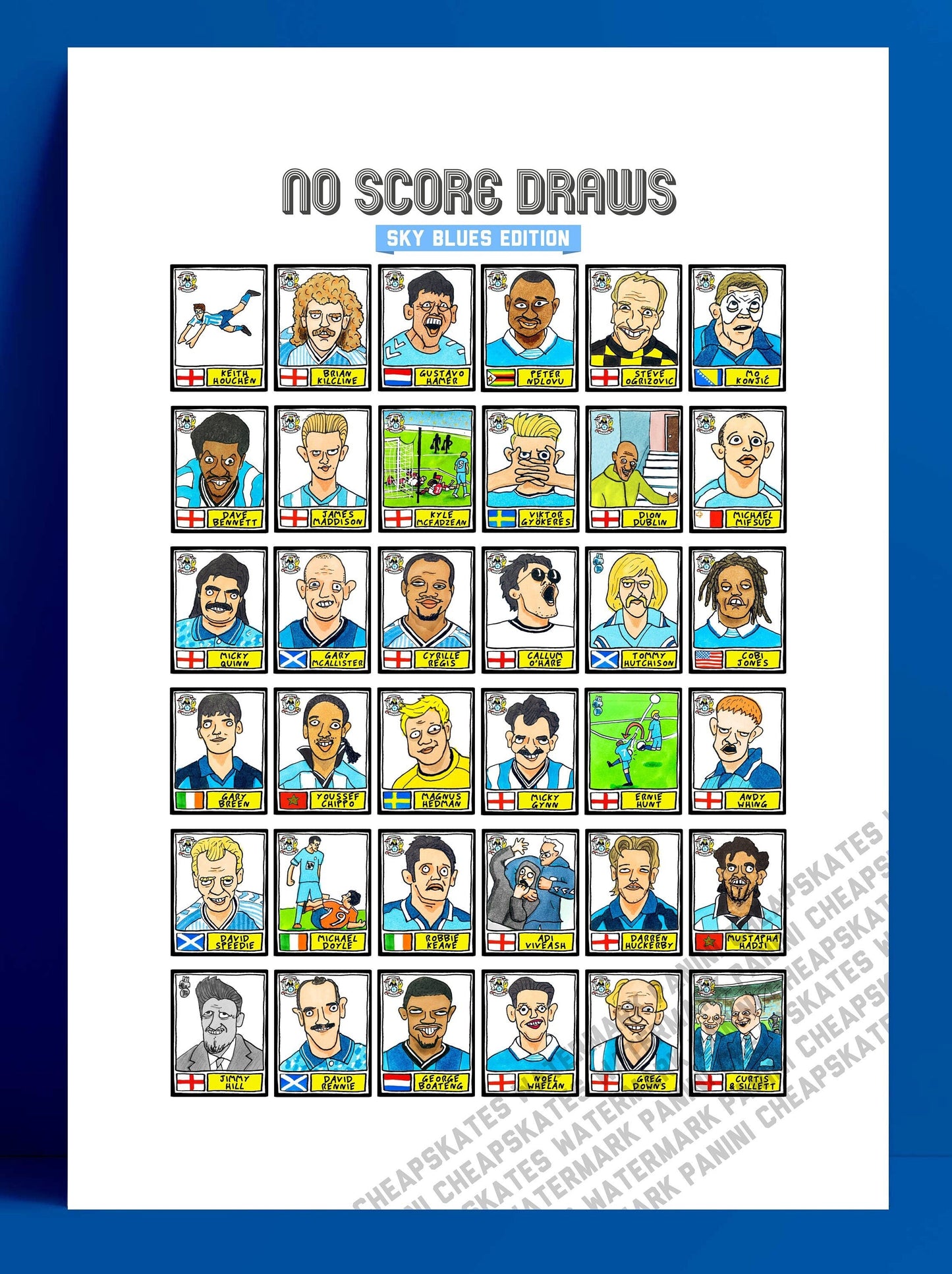 Coventry City Volume 1 - No Score Draws Sky Blues Edition - A3 print of 36 hand-drawn Panini-style CCFC legends - Cheapskate football art