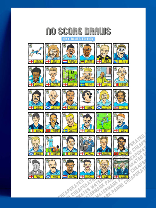 Coventry City Volume 1 - No Score Draws Sky Blues Edition - A3 print of 36 hand-drawn Panini-style CCFC legends - Cheapskate football art