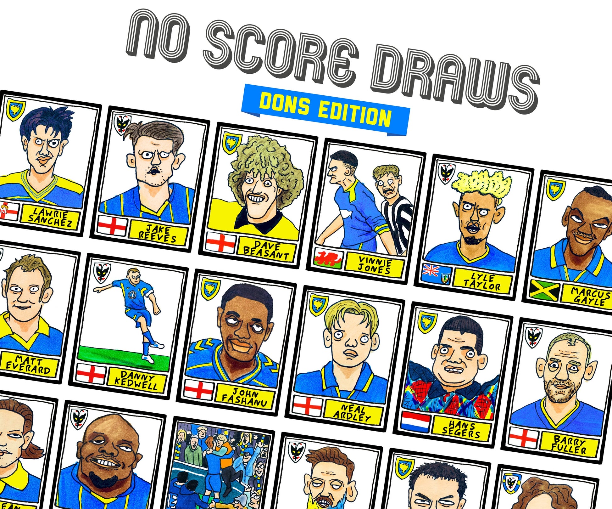 Wimbledon - No Score Draws Dons Edition - A3 print of 36 hand-drawn Panini-style Doodles of Wimbledon WFC/AFCW legends - Wonky football art