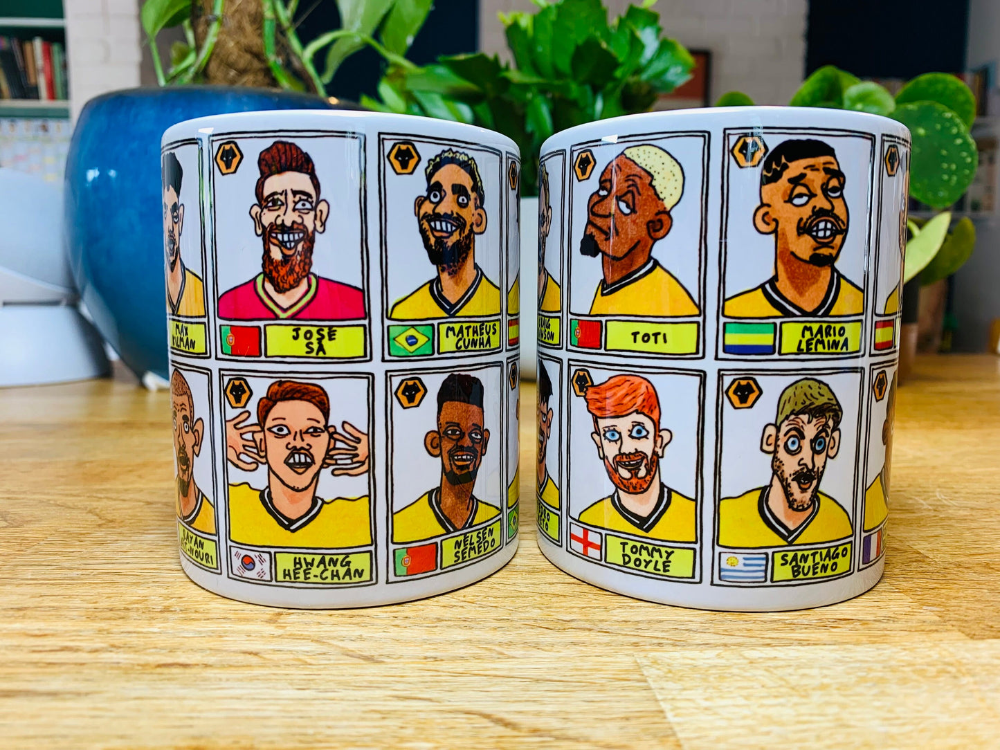 Wolves Vol 2 No Score Draws Mug Set - Set of TWO 11oz Mugs with 24 Wonky Panini-style No Score Draws Doodles of Wolves' 23-24 Squad