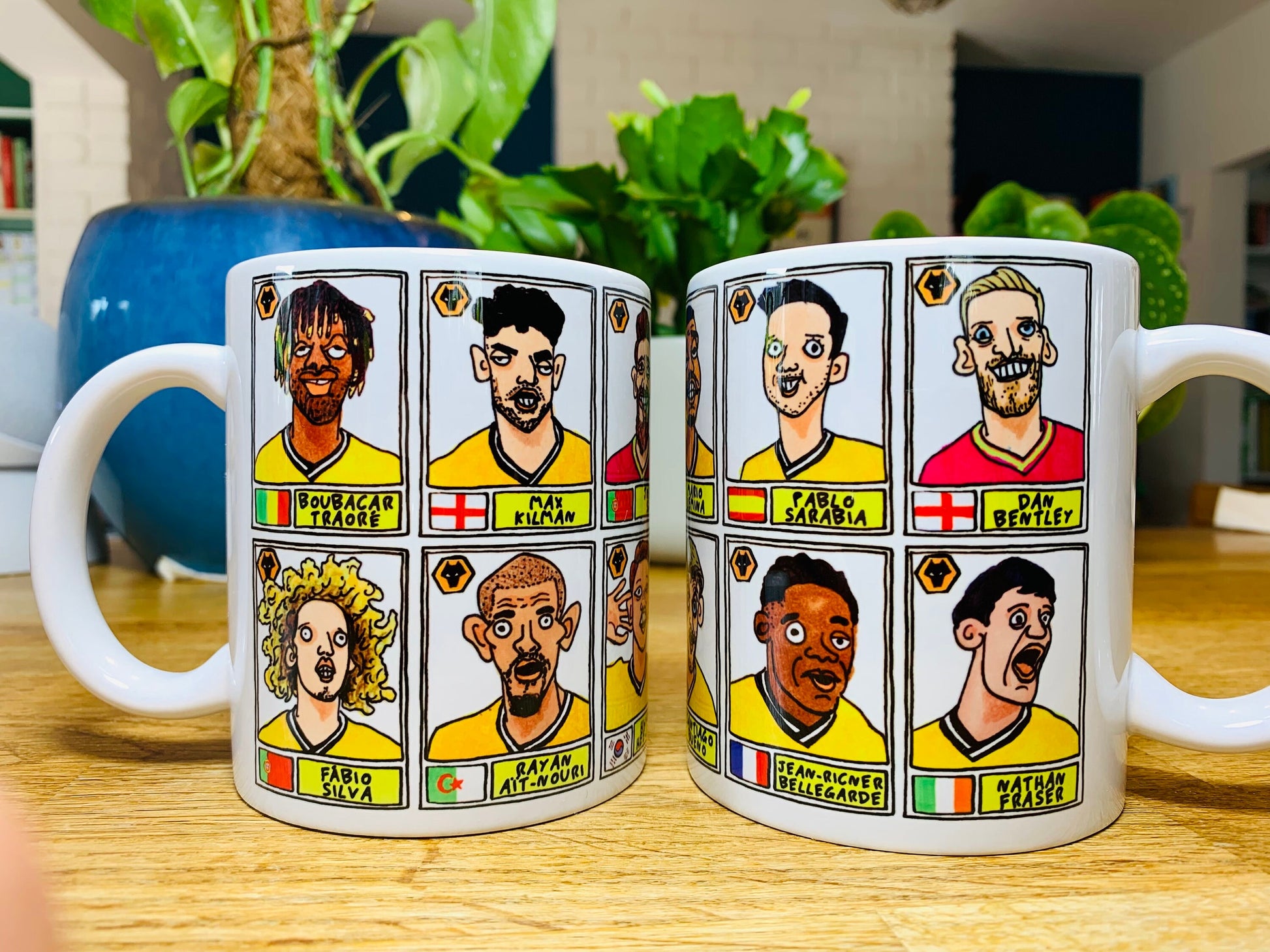 Wolves Vol 2 No Score Draws Mug Set - Set of TWO 11oz Mugs with 24 Wonky Panini-style No Score Draws Doodles of Wolves' 23-24 Squad