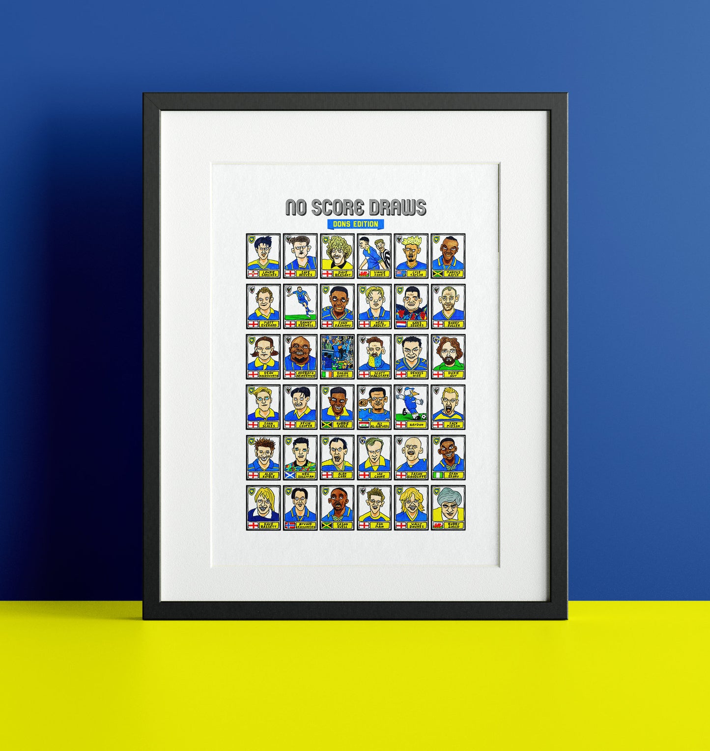 Wimbledon - No Score Draws Dons Edition - A3 print of 36 hand-drawn Panini-style Doodles of Wimbledon WFC/AFCW legends - Wonky football art