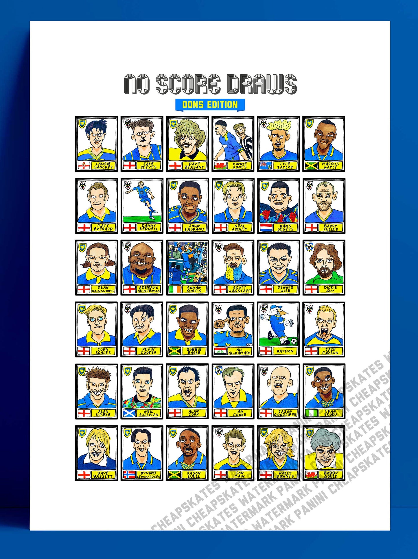 Wimbledon - No Score Draws Dons Edition - A3 print of 36 hand-drawn Panini-style Doodles of Wimbledon WFC/AFCW legends - Wonky football art