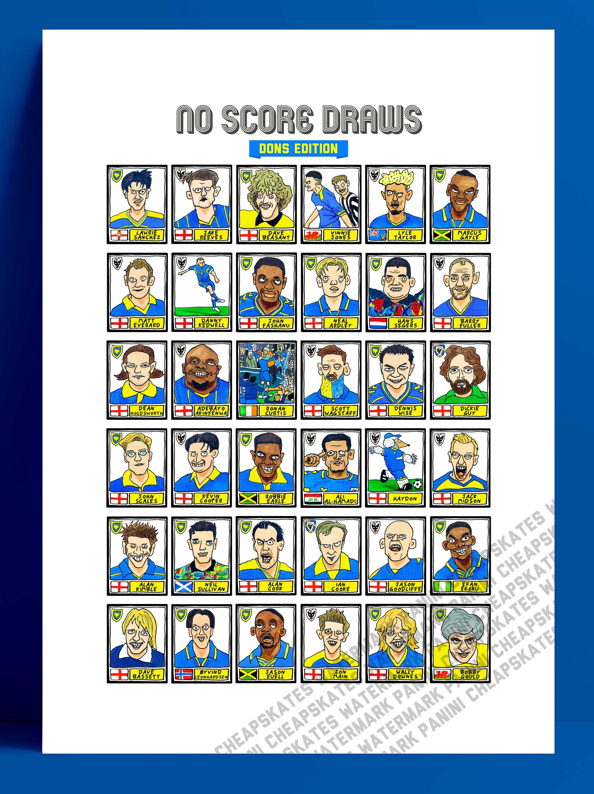 Wimbledon - No Score Draws Dons Edition - A3 print of 36 hand-drawn Panini-style Doodles of Wimbledon WFC/AFCW legends - Wonky football art