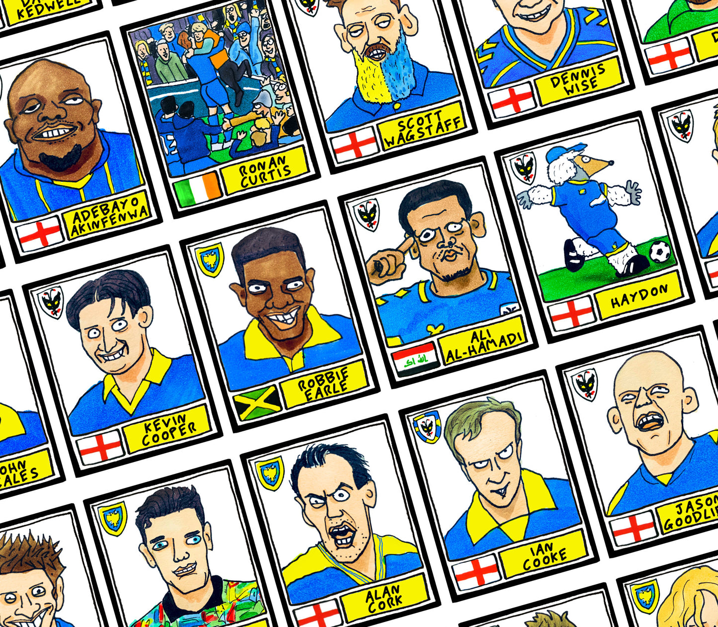 Wimbledon - No Score Draws Dons Edition - A3 print of 36 hand-drawn Panini-style Doodles of Wimbledon WFC/AFCW legends - Wonky football art